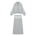 ELFSACK Women Y2K Two‑Piece Outfit with Bow Stripe Zip‑Up Jacket & Lace Trim Midi Skirt Daily Wear