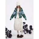 ELFSACK Women's Vintage Hooded Knit Cardigan with Folk Jacquard Pattern, Zip‑Up Cropped Sweater Coat, Aesthetic Outerwear Winter