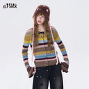ELFSACK Women's Y2K Cropped Knit Cardigan with Stripe Design, Flare Long Sleeve Button Sweater, Chic Casual Top