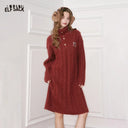ELFSACK Women's Cable Knit Dress 3/4 Sleeve Velvet Cherry Applique Fold Collar Vintage Sweet Dark Red
