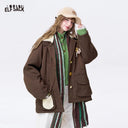 ELFSACK Women's Vintage Padded Jacket with Knit Patch & Brooch Decor, Oversized Button Outerwear