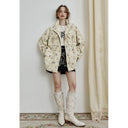 ELFSACK Women's Loose Outerwear with Floral Print, Stand Collar Multi-Pocket Coat, Casual Everyday Outerwear