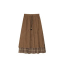 ELFSACK Women's Mori Midi Skirt with Asymmetrical Layered Plaid Design, Vintage A‑Line Long Skirt for Daily Wear