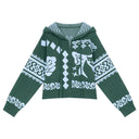 ELFSACK Women's Vintage Hooded Knit Cardigan with Folk Jacquard Pattern, Zip‑Up Cropped Sweater Coat, Aesthetic Outerwear Winter