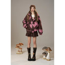 ELFSACK Casual Cute Strawberry Print Hooded Zip Up Wool Blend Coat For Woman