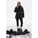 ELFSACK Women's Elegant Hooded Puffer Coat with Decorative Waist Belt, Slim Fit Quilted Outerwear for Cold