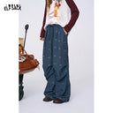 ELFSACK Women's Y2K Baggy Cargo Pants with Bow‑Dot Print, Ruched Wide‑Leg Trousers for Daily Casual Outfit