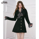 ELFSACK Women's Sparkle Knit Dress Long Sleeve Puff Shoulder Cherry Print Patch Sweet Goth Black