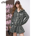 ELFSACK Women's Grunge Plaid Hooded Mini Dress with Letter Embroidery, Button‑Up Long Sleeve Drawstring Waist Dress for Daily