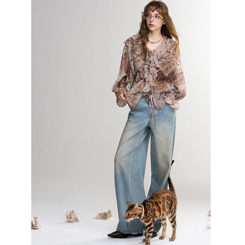 ELFSACK Women Vintage Wide‑leg Denim Jeans with Washed Effect Loose Baggy Straight Pants for Daily Streetwear