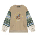 ELFSACK Women Crewneck Sweatshirt with Trojan Horse Print Folk Contrast Patchwork Long‑Sleeve Oversized Pullover Daily Wear