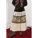 ELFSACK Women's Vintage Maxi Skirt with Floral Patchwork Lace Trim, Boho Tiered Long Bottoms