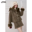 ELFSACK Women's Cute Two‑Piece Outfit with Fur Trim & Toggle Buttons, Cropped Hooded Coat and Mini Skirt