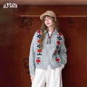 ELFSACK Women's Vintage Collared Knit Cardigan with Argyle Jacquard Pattern, Zip‑Up Long Sleeve Sweater