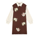 ELFSACK Women's Cute Sleeveless Knit Dress with Floral Jacquard & Fringe Hem, Loose V‑Neck Sweater Vest Dress