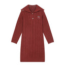 ELFSACK Women's Cable Knit Dress 3/4 Sleeve Velvet Cherry Applique Fold Collar Vintage Sweet Dark Red
