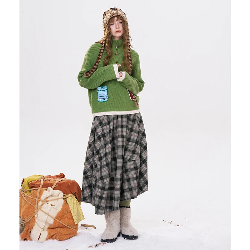 ELFSACK Women's Vintage Plaid Midi Skirt with Patchwork Design, Grunge Aesthetic Long Bottoms