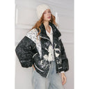 ELFSACK Women's Gothic Cropped Puffer Jacket with Lace Splicing & Figure Print, Contrast Padded Coat for Winter Daily Outfit