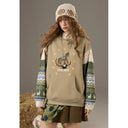 ELFSACK Women Crewneck Sweatshirt with Trojan Horse Print Folk Contrast Patchwork Long‑Sleeve Oversized Pullover Daily Wear
