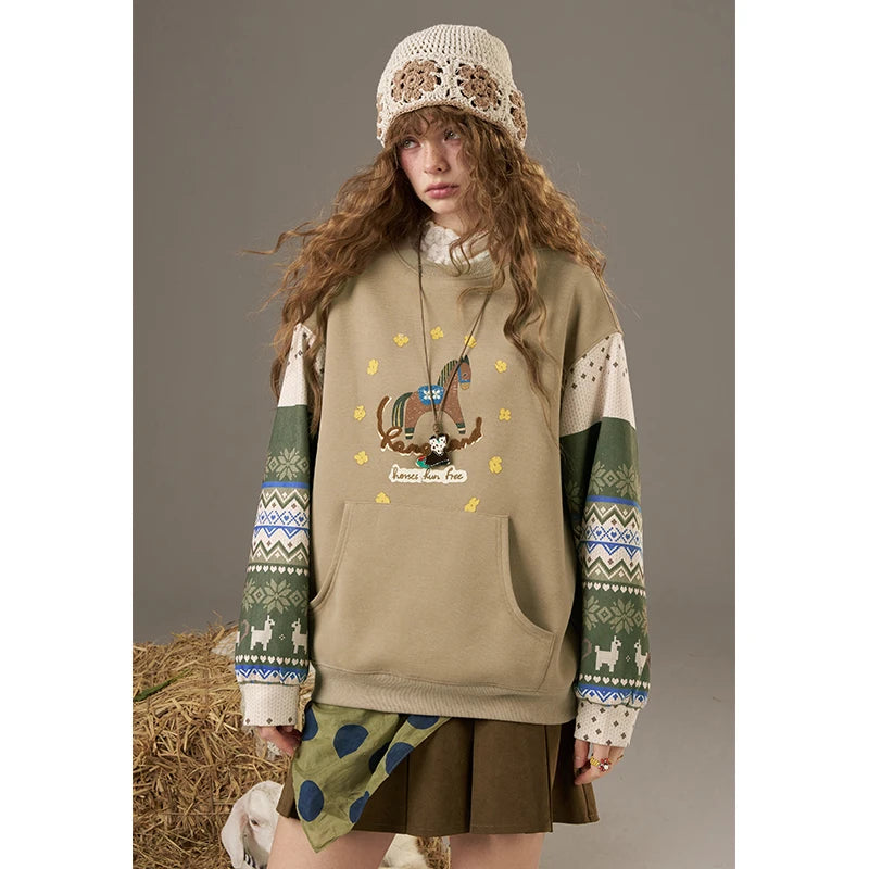 ELFSACK Women Crewneck Sweatshirt with Trojan Horse Print Folk Contrast Patchwork Long‑Sleeve Oversized Pullover Daily Wear