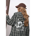 ELFSACK Women's Grunge Plaid Hooded Mini Dress with Letter Embroidery, Button‑Up Long Sleeve Drawstring Waist Dress for Daily