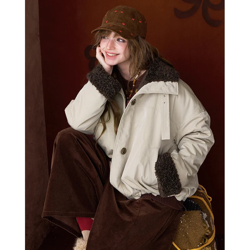 ELFSACK Women's Vintage Cropped Padded Coat with Fleece Collar & Cuffs, Loose Button Outerwear