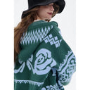 ELFSACK Women's Vintage Hooded Knit Cardigan with Folk Jacquard Pattern, Zip‑Up Cropped Sweater Coat, Aesthetic Outerwear Winter