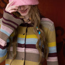 ELFSACK Women's Y2K Cropped Knit Cardigan with Stripe Design, Flare Long Sleeve Button Sweater, Chic Casual Top