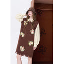 ELFSACK Women's Cute Sleeveless Knit Dress with Floral Jacquard & Fringe Hem, Loose V‑Neck Sweater Vest Dress