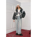 ELFSACK Women's Gothic Cropped Puffer Jacket with Lace Splicing & Figure Print, Contrast Padded Coat for Winter Daily Outfit