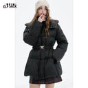 ELFSACK Women's Elegant Hooded Puffer Coat with Decorative Waist Belt, Slim Fit Quilted Outerwear for Cold