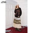 ELFSACK Women's Vintage Maxi Skirt with Floral Patchwork Lace Trim, Boho Tiered Long Bottoms
