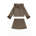 ELFSACK Women's Cute Two‑Piece Outfit with Fur Trim & Toggle Buttons, Cropped Hooded Coat and Mini Skirt