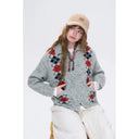 ELFSACK Women's Vintage Collared Knit Cardigan with Argyle Jacquard Pattern, Zip‑Up Long Sleeve Sweater
