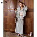 ELFSACK Women Y2K Two‑Piece Outfit with Bow Stripe Zip‑Up Jacket & Lace Trim Midi Skirt Daily Wear