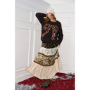 ELFSACK Women's Vintage Maxi Skirt with Floral Patchwork Lace Trim, Boho Tiered Long Bottoms
