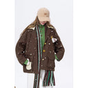 ELFSACK Women's Vintage Padded Jacket with Knit Patch & Brooch Decor, Oversized Button Outerwear