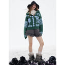 ELFSACK Women's Vintage Hooded Knit Cardigan with Folk Jacquard Pattern, Zip‑Up Cropped Sweater Coat, Aesthetic Outerwear Winter