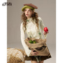 ELFSACK Women Mori Girl Long Sleeve Knit Top with Lace Ruffle Trim, Vintage High Neck Blouse