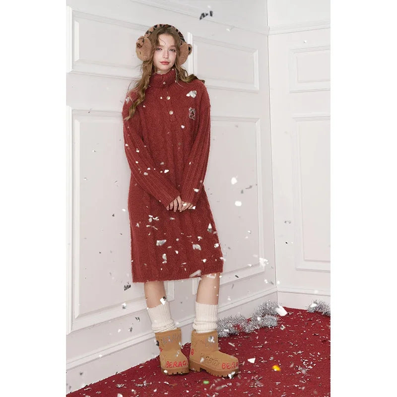 ELFSACK Women's Cable Knit Dress 3/4 Sleeve Velvet Cherry Applique Fold Collar Vintage Sweet Dark Red