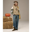 ELFSACK Women Crewneck Sweatshirt with Trojan Horse Print Folk Contrast Patchwork Long‑Sleeve Oversized Pullover Daily Wear