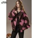 ELFSACK Casual Cute Strawberry Print Hooded Zip Up Wool Blend Coat For Woman