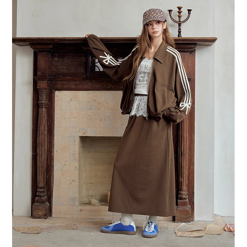 ELFSACK Women Y2K Two‑Piece Outfit with Bow Stripe Zip‑Up Jacket & Lace Trim Midi Skirt Daily Wear