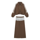 ELFSACK Women Y2K Two‑Piece Outfit with Bow Stripe Zip‑Up Jacket & Lace Trim Midi Skirt Daily Wear