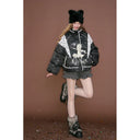 ELFSACK Women's Gothic Cropped Puffer Jacket with Lace Splicing & Figure Print, Contrast Padded Coat for Winter Daily Outfit