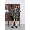 ELFSACK Women's Grunge Plaid Hooded Mini Dress with Letter Embroidery, Button‑Up Long Sleeve Drawstring Waist Dress for Daily