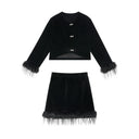 ELFSACK Women's Elegant Velvet Two‑Piece Set with Feather Trim, Cropped Jacket & Mini Skirt for Party Evening Occasions