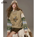 ELFSACK Women Crewneck Sweatshirt with Trojan Horse Print Folk Contrast Patchwork Long‑Sleeve Oversized Pullover Daily Wear