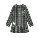 ELFSACK Women's Grunge Plaid Hooded Mini Dress with Letter Embroidery, Button‑Up Long Sleeve Drawstring Waist Dress for Daily