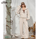 ELFSACK Women Y2K 2‑Piece Outfit with Lace Trim Cropped Zip‑Up Hoodie & Wide Leg Sweatpants for Daily Casual